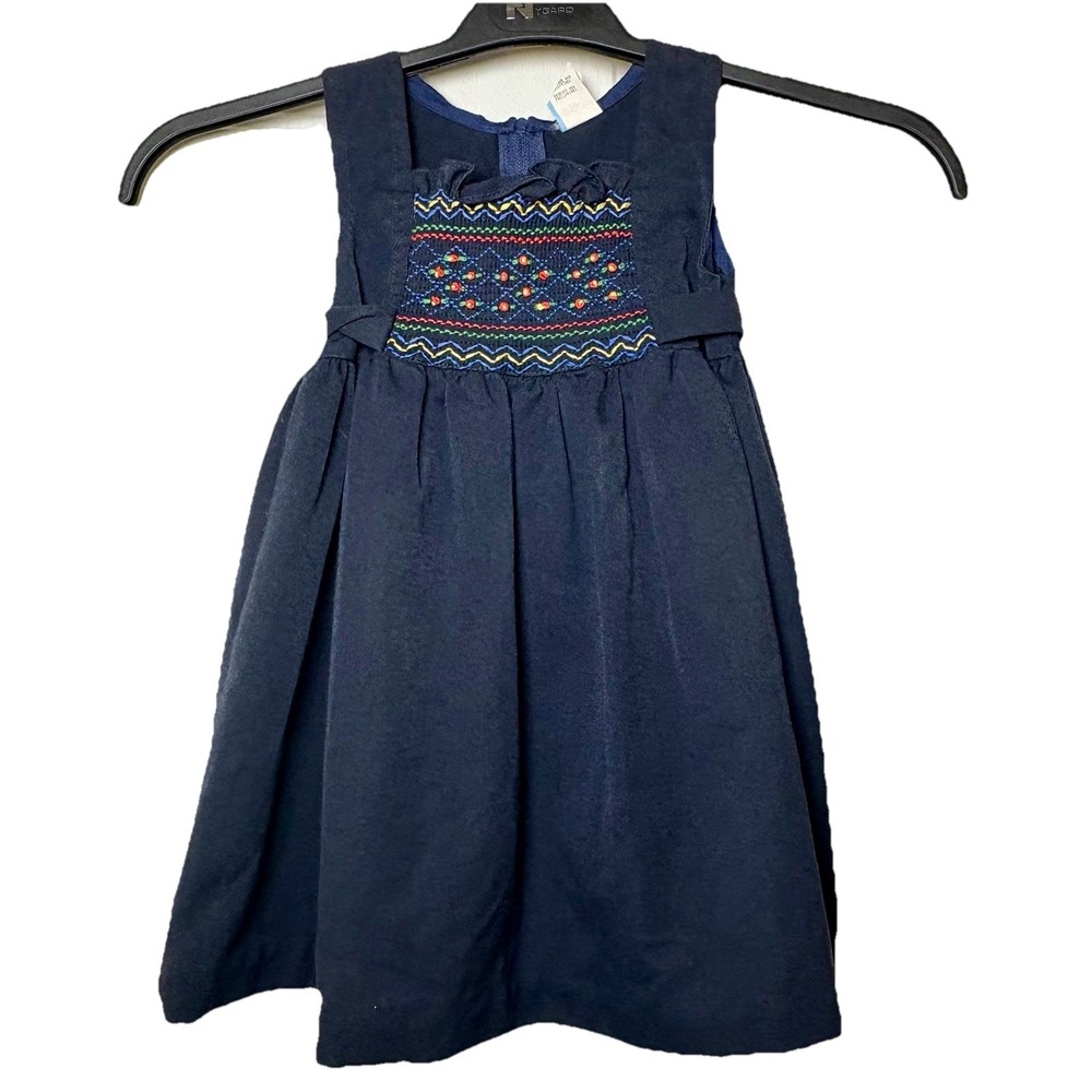 VTG Girls Dress Sz 3T‎ Navy Blue Tie In Back 1997 Smocked Top Flare Bottom